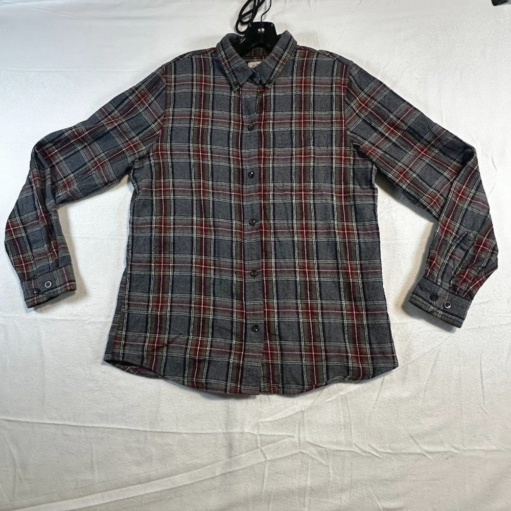 LL‎ Bean Plaid Flannel Button Down Shirt Gray Red Green Long Sleeve Mens Size S